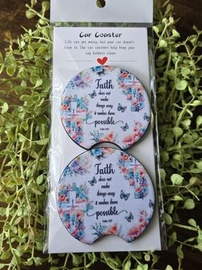 Faith Floral Car Coaster Set - Pink & Blue Inspirational Design